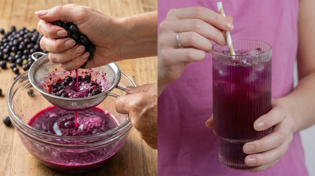 Hands straining fresh maqui berries to create a potent purple peel extract juice for weight loss metabolism hack.