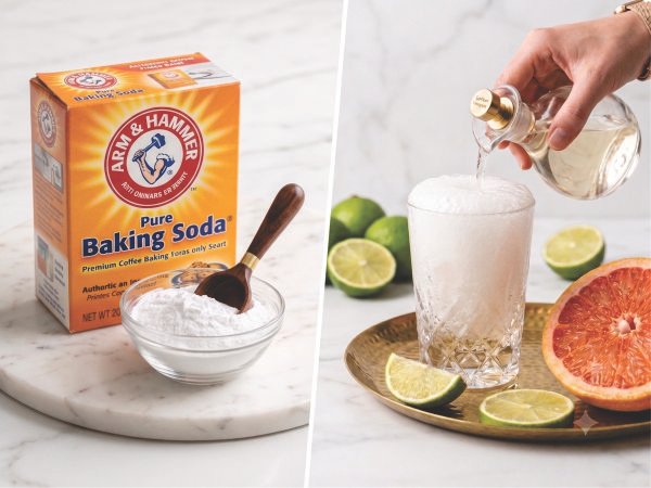 Baking soda dissolving in a glass of water