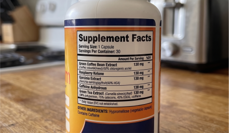 SodaSlim Supplement Facts label showing five active ingredients and their amounts